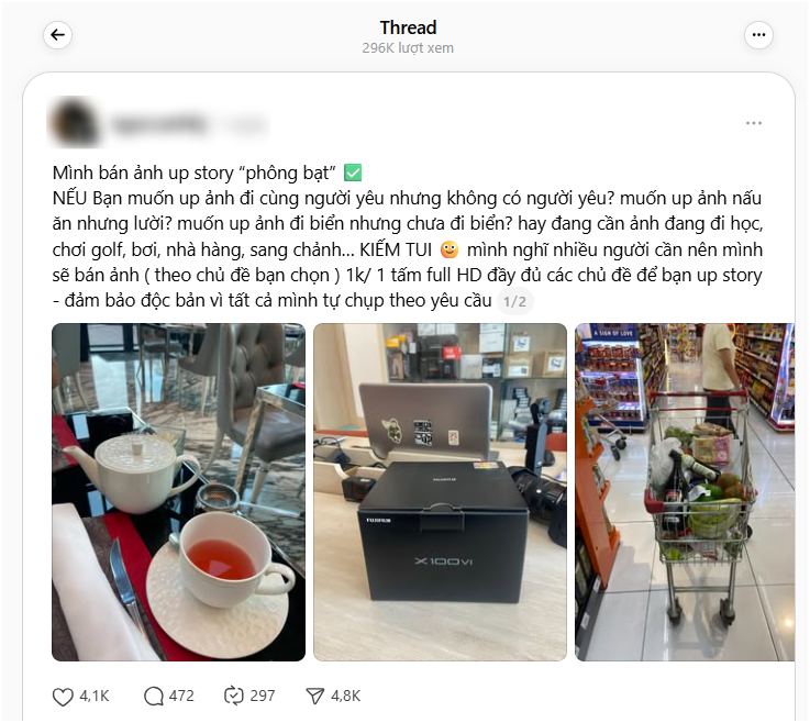   Xôn xao dịch vụ bán ảnh up story “phông bạt”: 1k/tấm theo yêu cầu, khách “chốt đơn” ầm ầm. Ảnh chụp màn hình.   