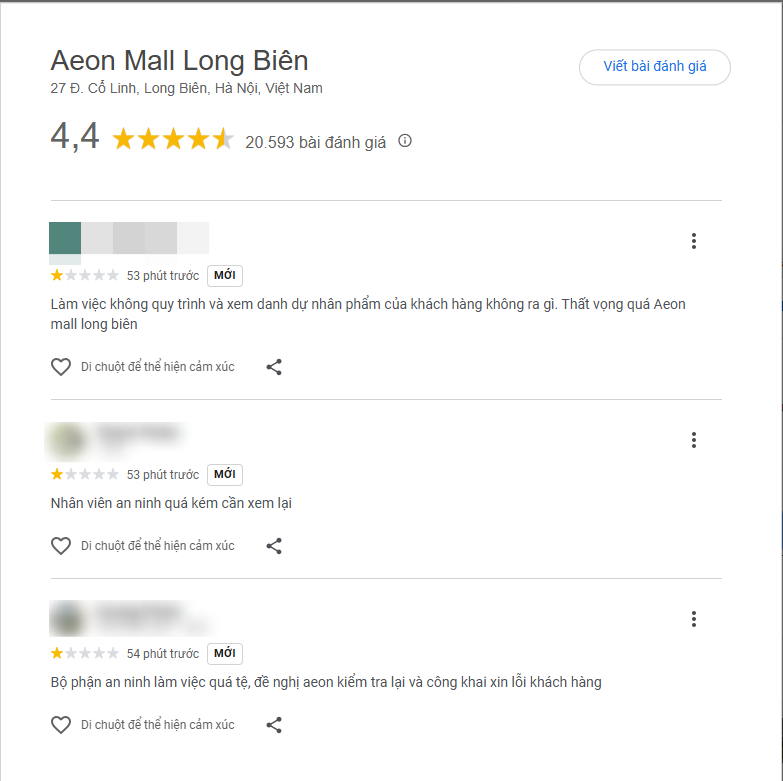Trung tấm thương mại Aeon Mall Long Biên nhận loạt đánh giá 1 sao trên Google Maps