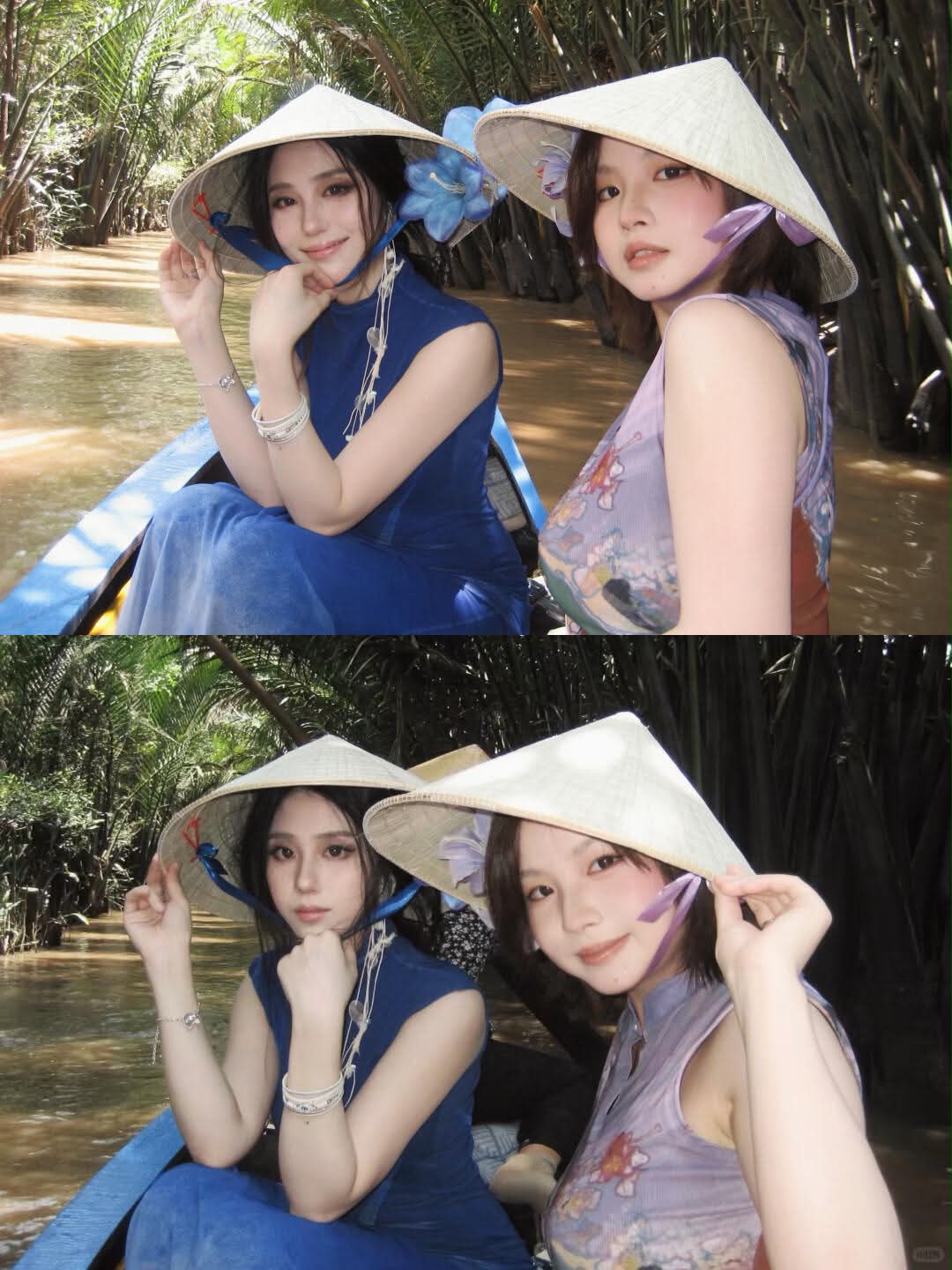 Tỷ tỷ xứ Trung đua nhau mặc sườn xám ghé miền Tây đội nón lá chèo xuồng, làm nên mấy bộ hình