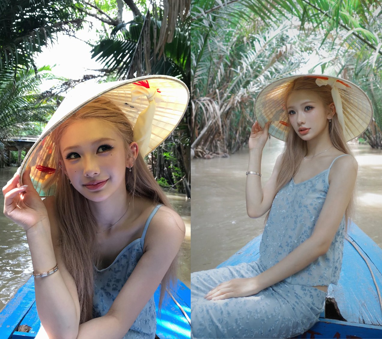 Tỷ tỷ xứ Trung đua nhau mặc sườn xám ghé miền Tây đội nón lá chèo xuồng, làm nên mấy bộ hình