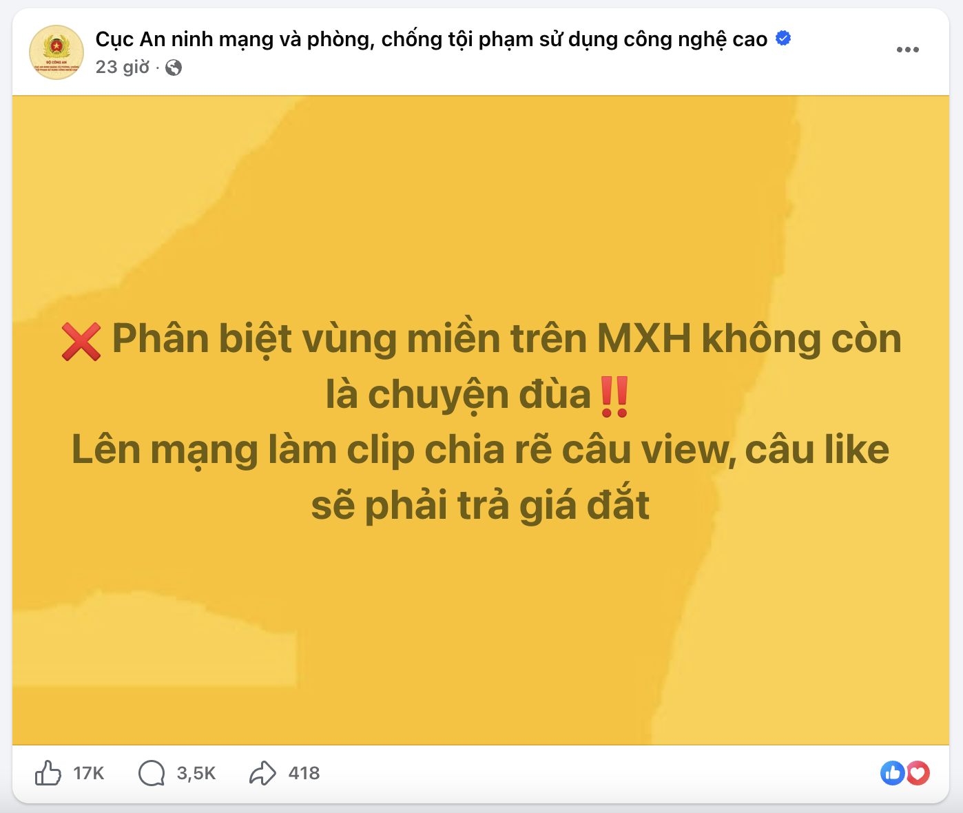 Bài đăng trên tài khoản Facebook chính thức của Cục An ninh mạng và phòng, chống tội phạm sử dụng công nghệ cao