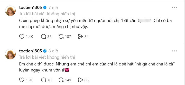Tóc Tiên tiếp tục gây chú ý khi trực tiếp phản hồi một bài đăng trên Threads liên quan đến hình ảnh cá nhân của mình