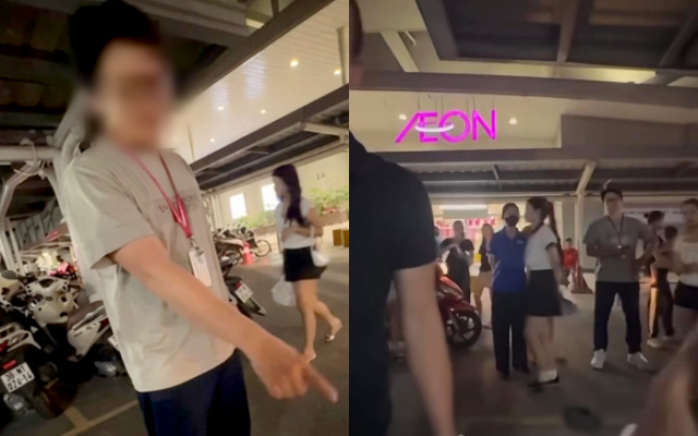Hiện trường vụ tranh cãi trước trung tâm thương mại Aeon Mall Long Biên. Ảnh cắt từ clip