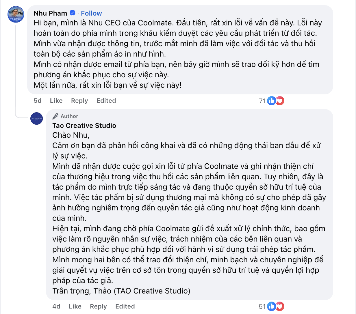 CEO Coolmate trực tiếp để lại bình luận dưới bài đăng của Tao Creative Studio sau khi tiếp nhận thông tin.
