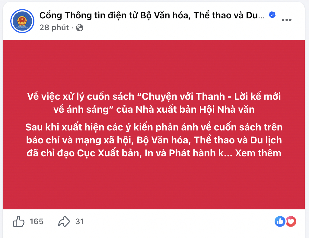 Bài đăng trên tài khoản Facebook Cổng Thông tin điện tử Bộ Văn hóa, Thể thao và Du lịch