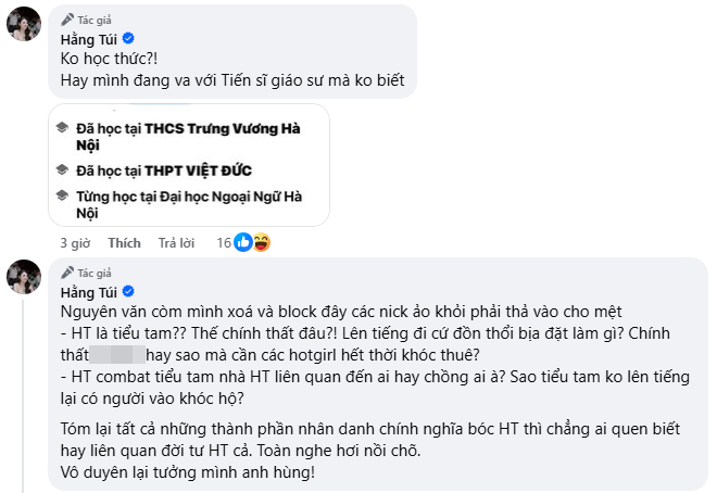 Hằng Túi cũng chứng minh trình độ học vấn của mình và đáp trả về những tin đồn đời tư