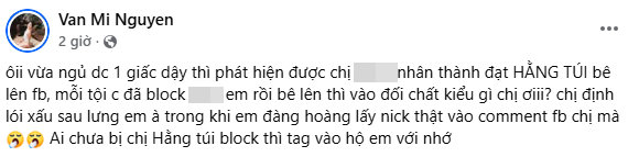 Sau khị bị réo tên, Mi Vân cũng có động thái đăng tải status dài nhắc đến Hằng Túi