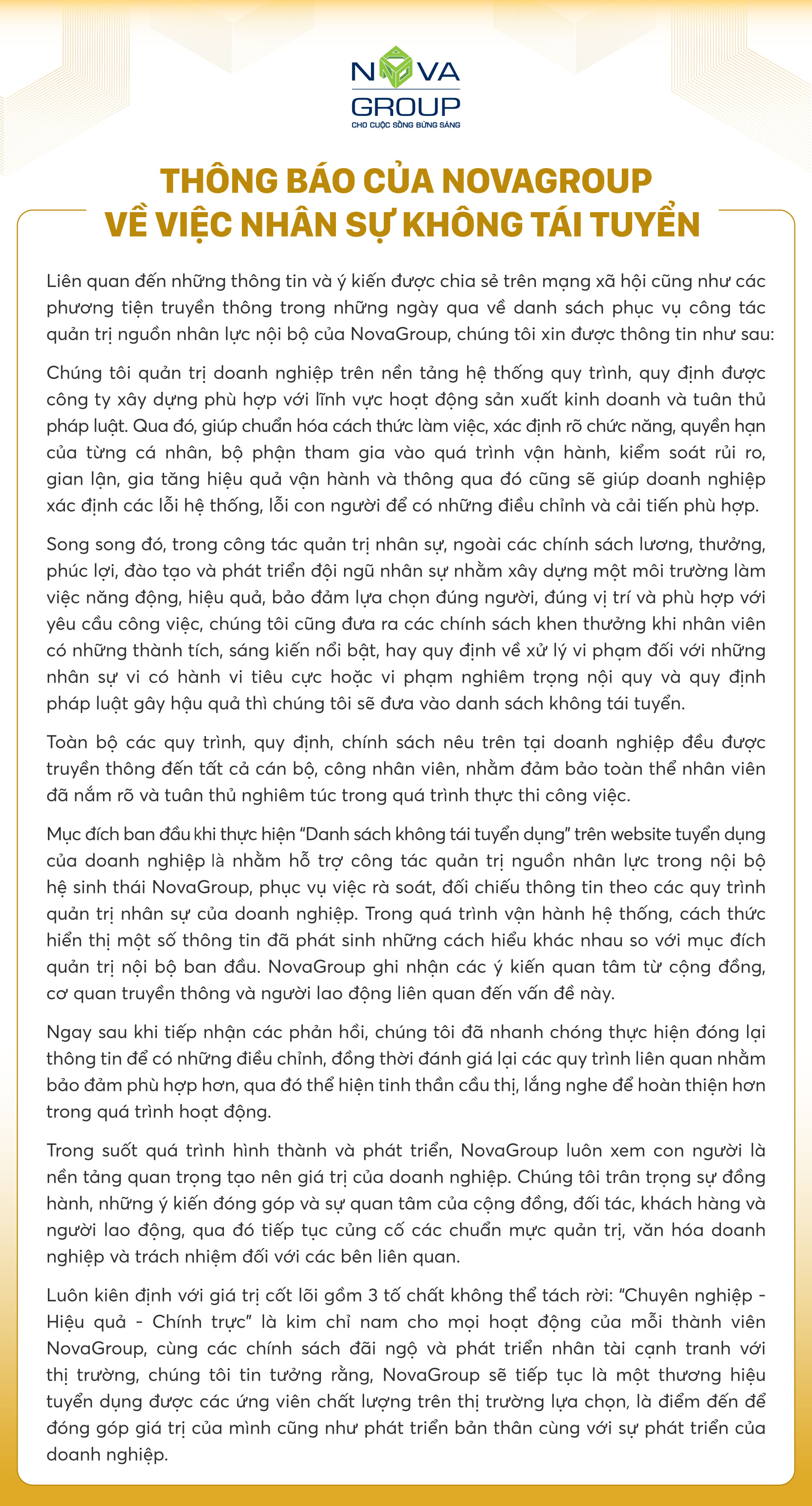 Vụ danh sách “Không tái tuyển dụng” 420 nhân sự xôn xao: NovaGroup chính thức lên tiếng phản hồi