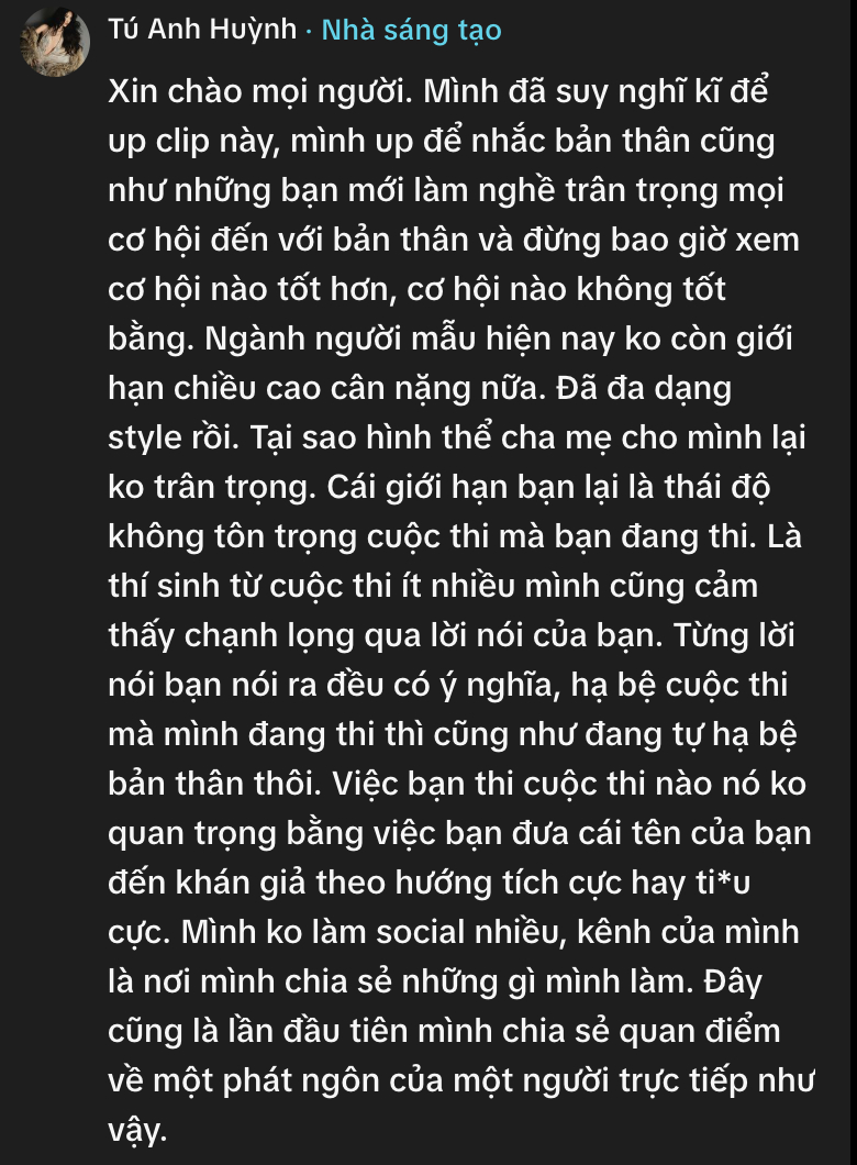 Nữ người mẫu chia sẻ thêm về động thái gây tranh cãi của mình
