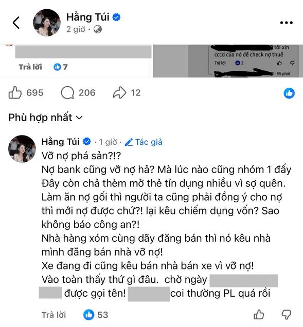 Hầng Túi lên tiếng trên cá nhân, đáp trả lời đồn vỡ nợ, phá sản. Ảnh chụp màn hình.