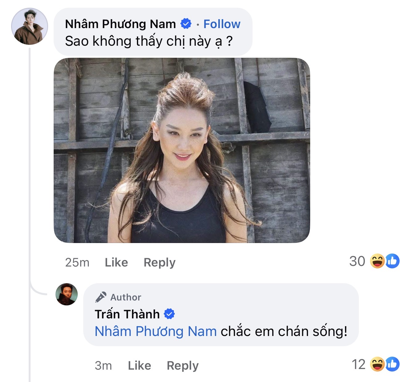 Nhâm Phương Nam tung bức ảnh tạo hình xấu nhất sự nghiệp phim ảnh của Hari Won dưới bài đăng của Trấn Thành.
