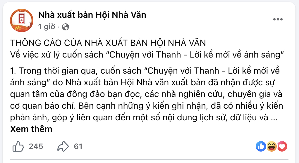 Nhà xuất bản Hội Nhà văn đưa ra thông cáo chính thức ngày 10/6