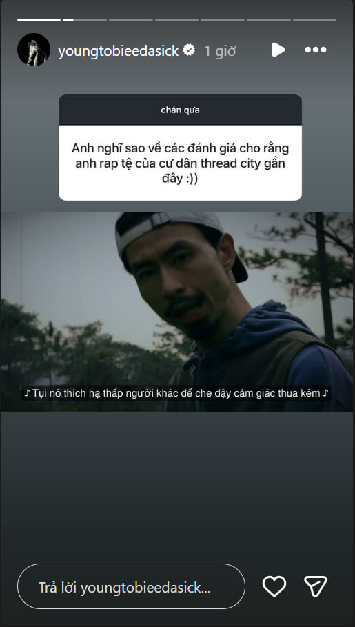  Obito từng đăng story Instagram để đáp trả khi nhận được câu hỏi về việc bị cư dân Threads đánh giá “rap tệ”