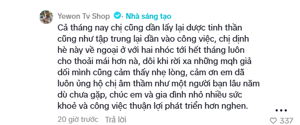 Kiều Tiên chia sẻ tình trạng hiện tại.