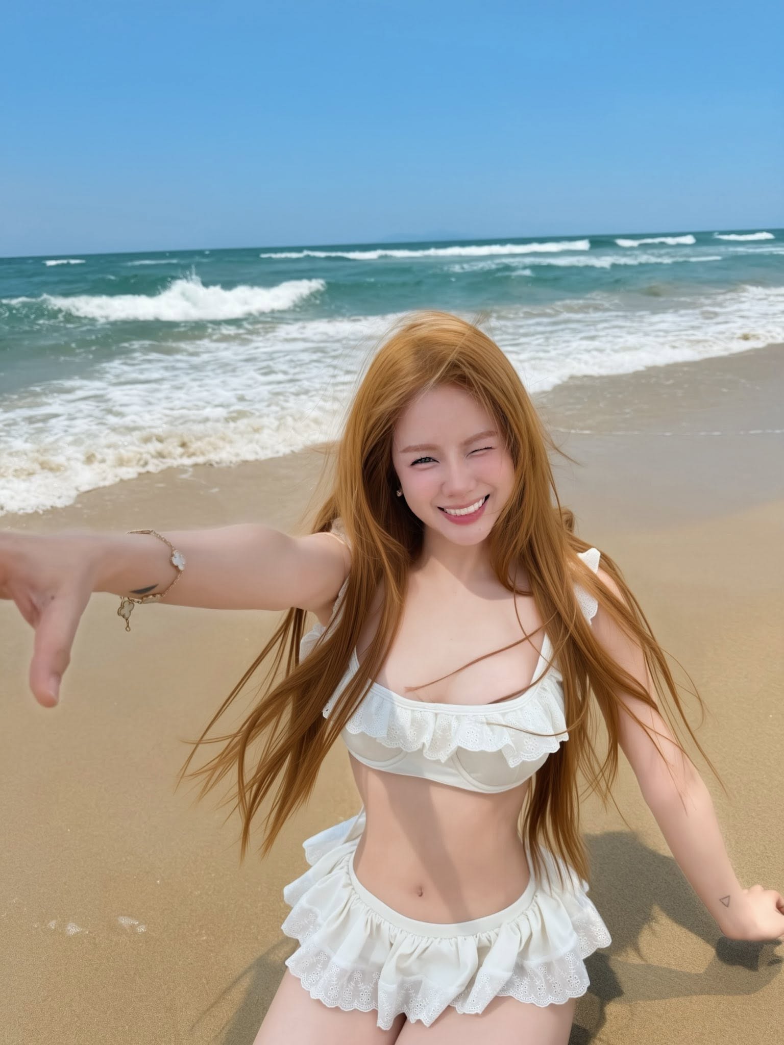DJ Mie ghi điểm tuyệt đối với set bikini hai mảnh màu trắng kem ngọt ngào và nữ tính. Thiết kế xếp ly bèo nhún điệu đà ở cả phần ngực và quần giúp tôn vòng eo thon gọn, đồng thời tạo nét tinh nghịch, trẻ trung nhưng không kém phần quyến rũ cho chuyến đi biển ngày hè.