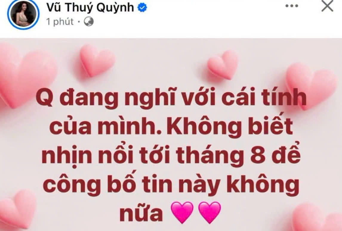 Vũ Thúy Quỳnh úp mở chuyện sẽ công bố thông tin gây sốc vào tháng 8 tới. Ảnh: FBNV