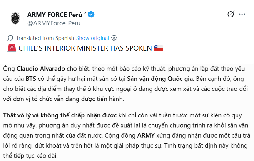 Làn sóng phẫn nộ từ cộng đồng ARMY tại Chile đang tăng dần (Ảnh chụp màn hình)