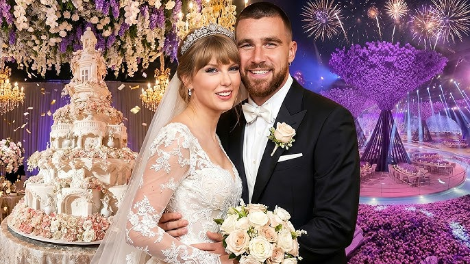 Dưới sự hỗ trợ của công nghệ, loạt khoảnh khắc Taylor Swift và Travis Kelce tay trong tay trên lễ đường rợp hoa hay không gian hôn lễ đều được tái hiện. Ảnh: X.