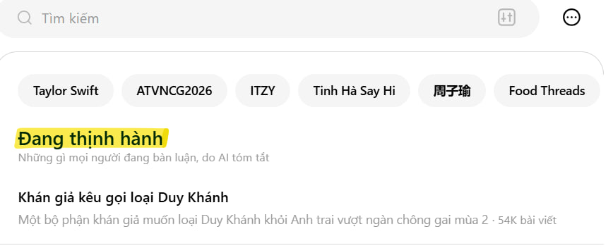 Từ khóa về Duy Khánh cũng xuất hiện trên nhóm thịnh hành ở Threads