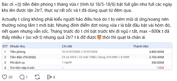 Cú sốc tiền điện tháng 6