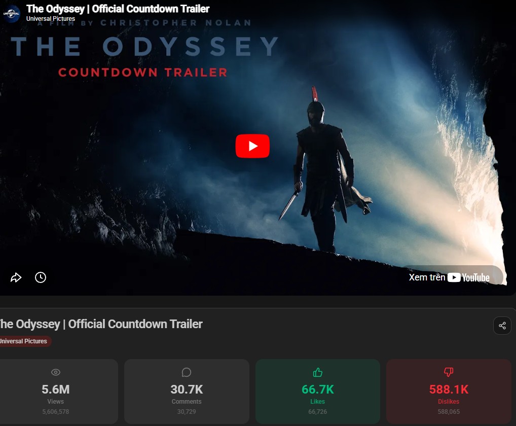 Trailer đếm ngược của The Odyssey hứng chịu nửa triệu lượt dislike