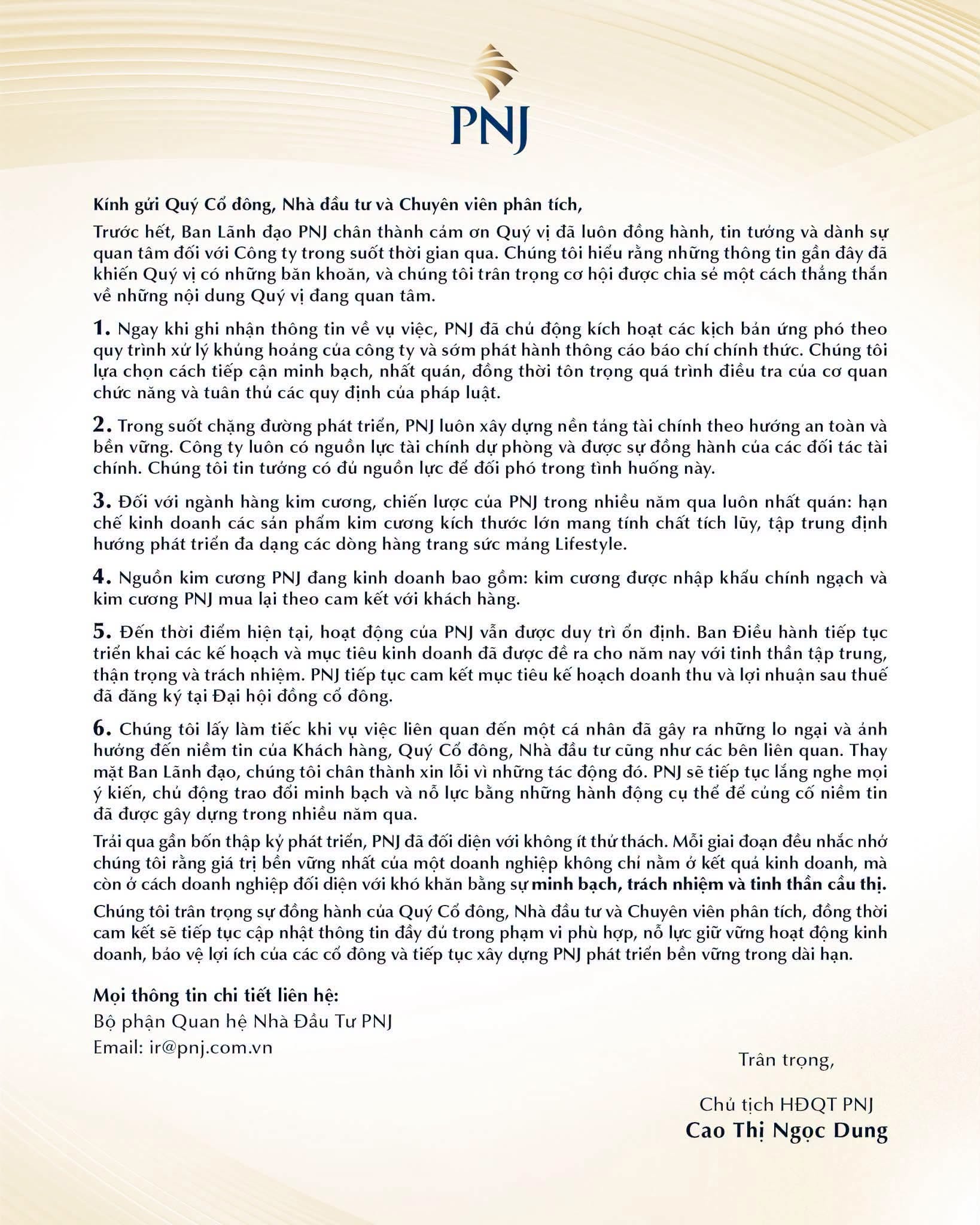 Bức thư gửi cổ đông của PNJ. Ảnh: FBNV.