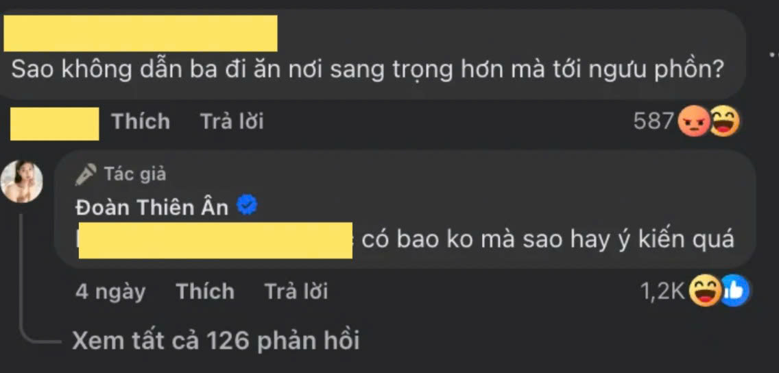 Một netizen kém duyên chất vấn cô không đưa bố tới ăn ở địa điểm sang chảnh hơn. Ảnh: FBNV