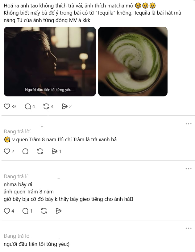 Tên Thiều Bảo Trâm được réo gọi dưới các bài đăng về ly matcha trong MV của Sơn Tùng