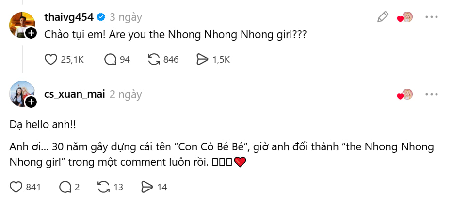 Tương tác của Thái VG và Xuân Mai gây chú ý trên mạng xã hội