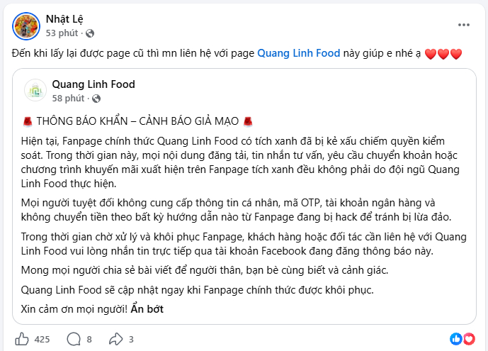 Thông báo mới nhất từ chị gái Quang Linh Vlogs (Ảnh chụp màn hình)