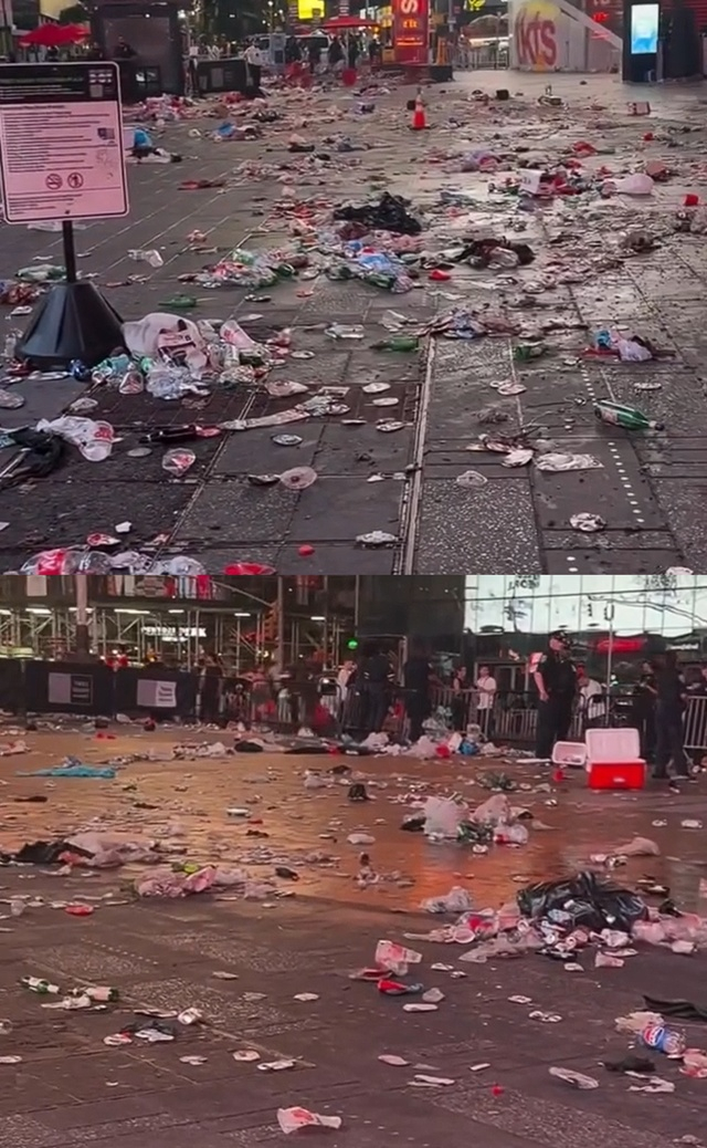 Quảng trường Thời đại của New York ngập trong rác thải. Ảnh: Cắt từ clip