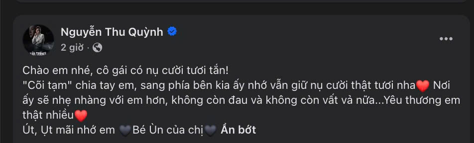 Diễn viên Thu Quỳnh buồn bã tiễn biệt người em thân thiết. Ảnh: FBNV
