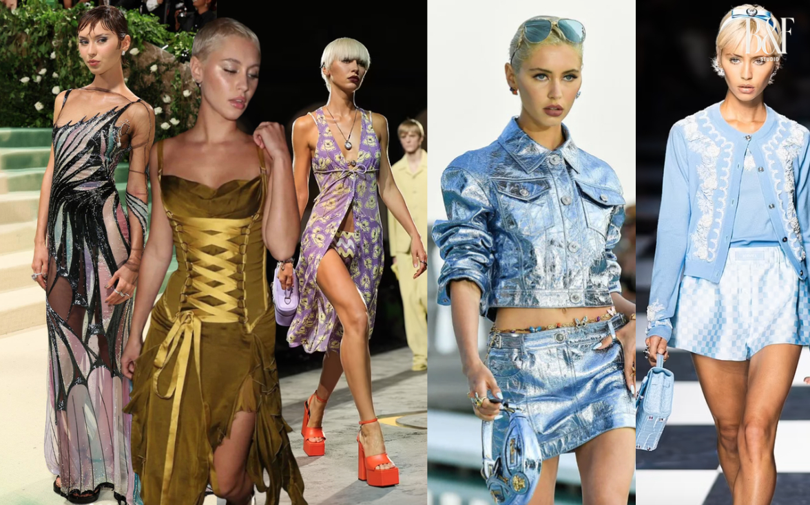  Iris Law đã có nhiều fashion moment đáng nhớ với Versace, từ sàn runway, đến thảm xanh Met Gala.