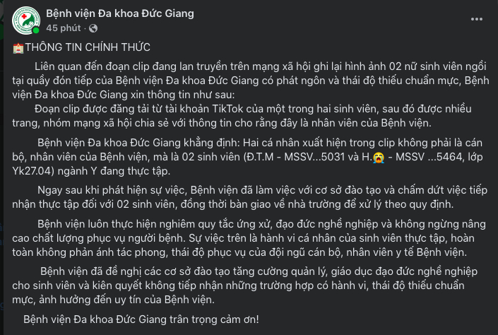 Bài đăng từ Bệnh viện Đa khoa Đức Giang (Ảnh chụp màn hình)
