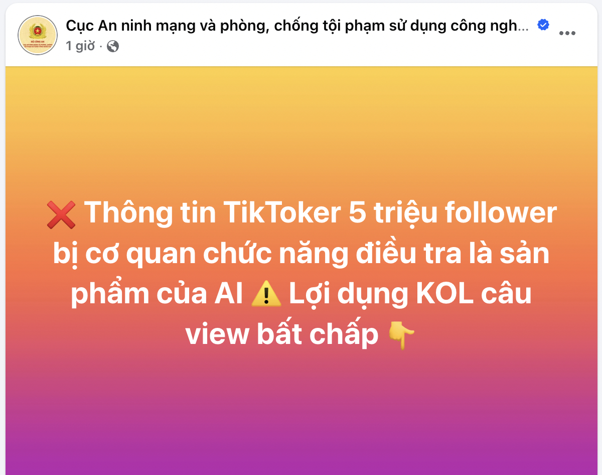 Bài đăng trên tài khoản Cục An ninh mạng và phòng, chống tội phạm sử dụng công nghệ cao (Ảnh chụp màn hình)