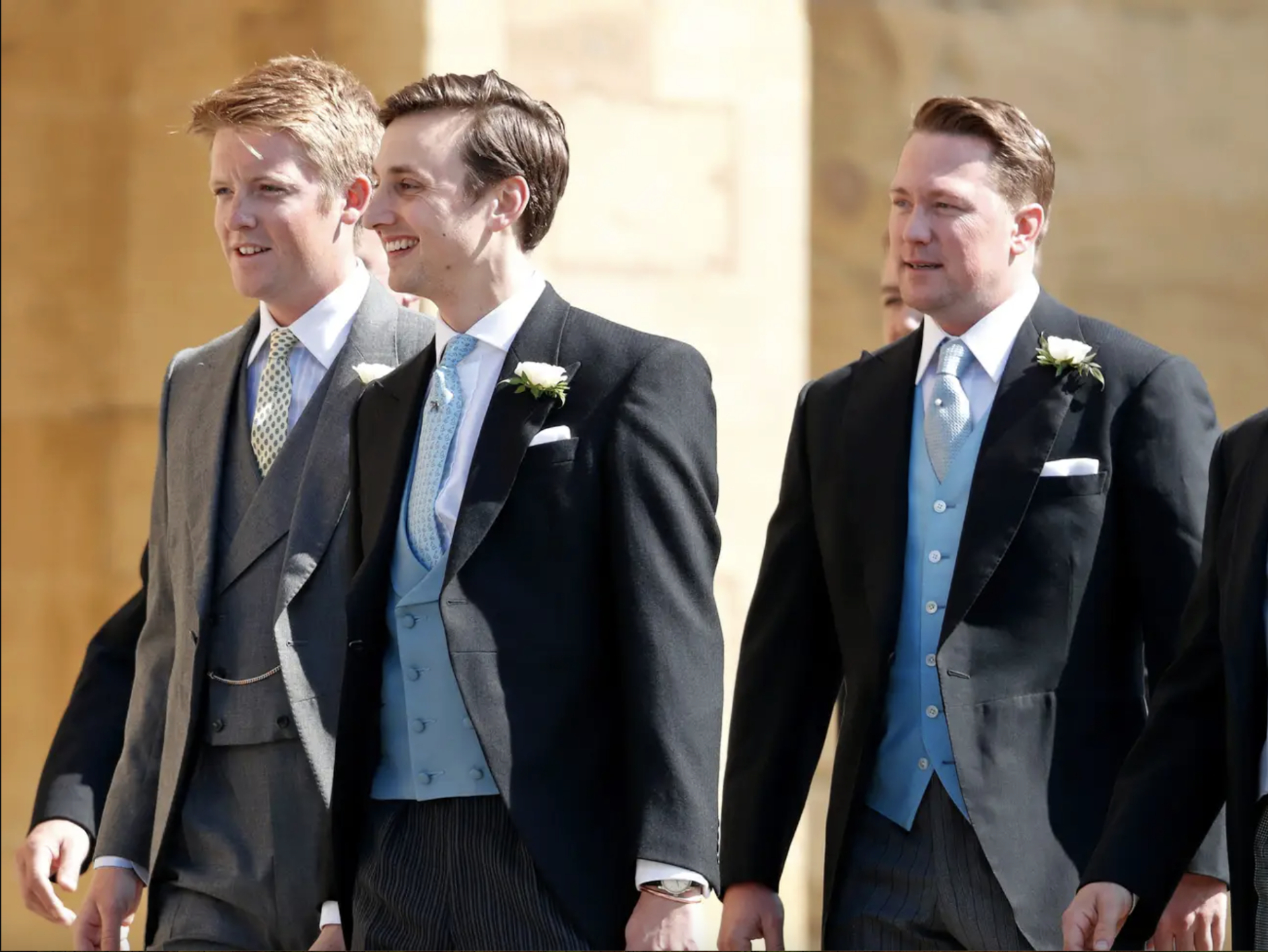   Hugh Grosvenor, Charlie van Straubenzee và Arthur Landon tham dự lễ cưới của Hoàng tử Harry và Meghan Markle năm 2018 (Ảnh: Max Mumby/Indigo/Getty Images, qua Business Insider)  