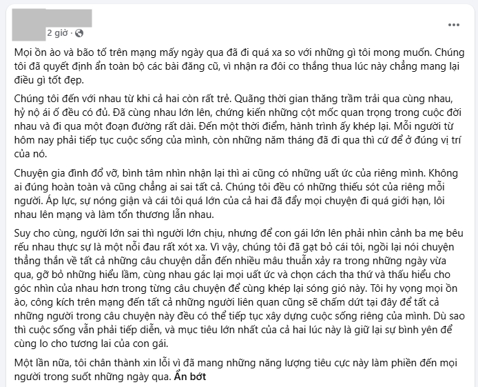 Chiều tối 1/8, B.A đăng bài thông báo khép lại ồn ào. Ảnh chụp màn hình.