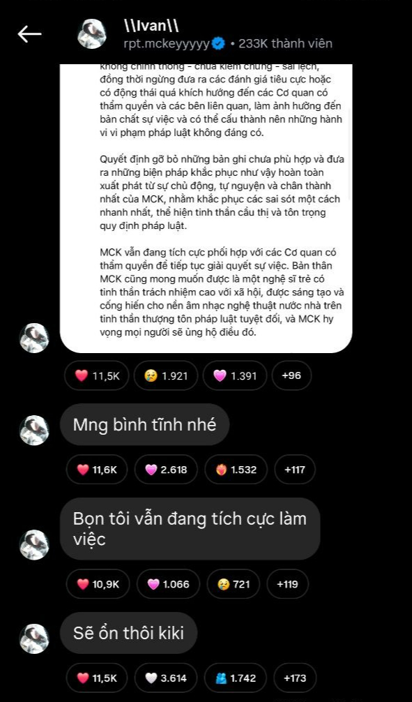 MCK cũng đồng thời gửi tin nhắn đến người hâm mộ