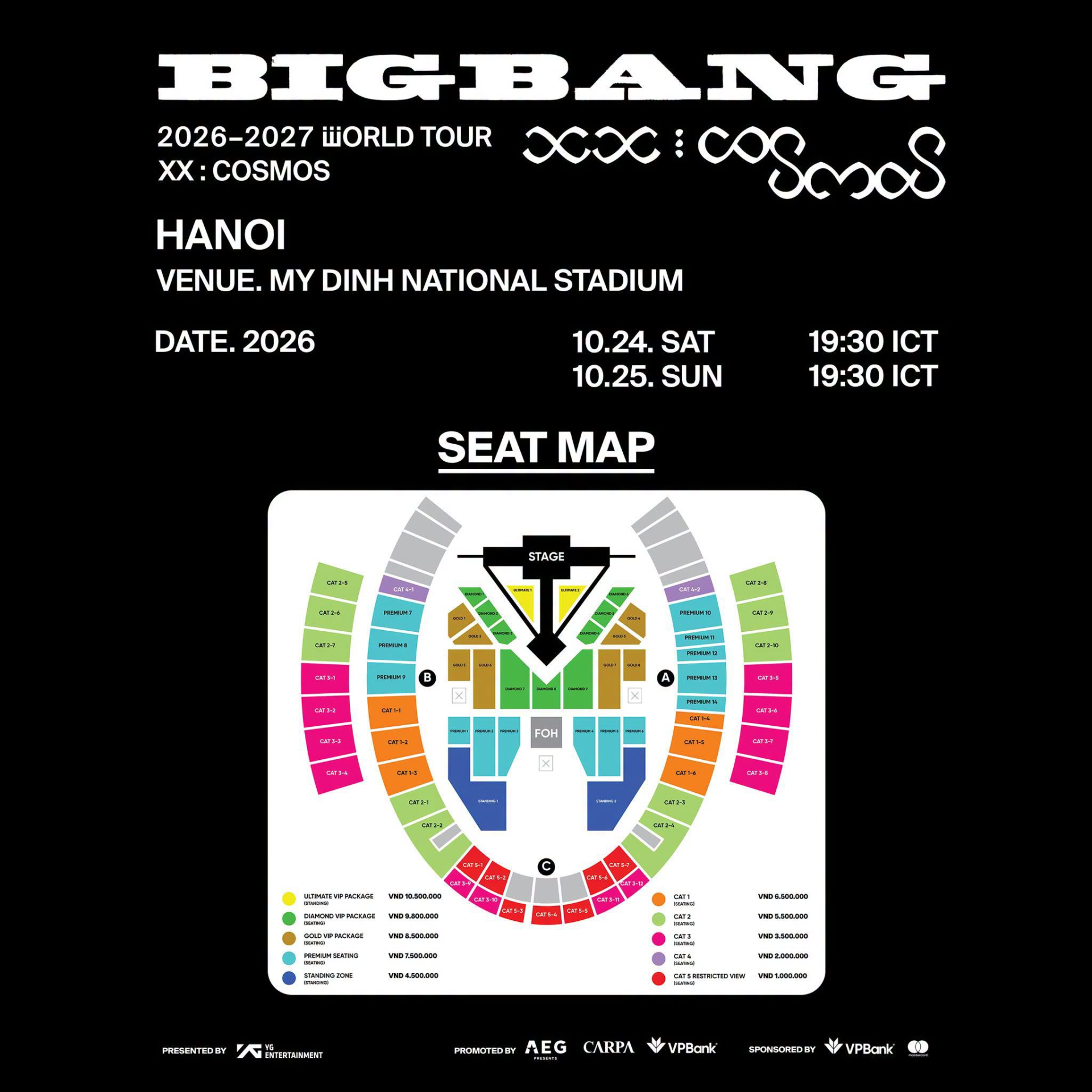 Ban tổ chức BIGBANG 2026-2027 WORLD TOUR < XX : COSMOS > IN HANOI đã chính thức công bố sơ đồ chỗ ngồi (seat map)