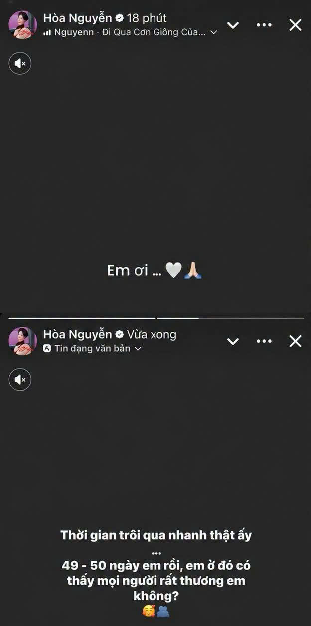   Hòa Minzy đăng tải story xúc động sau 49 ngày thượng úy Lê Văn Thắng qua đời. Ảnh: FBNV  