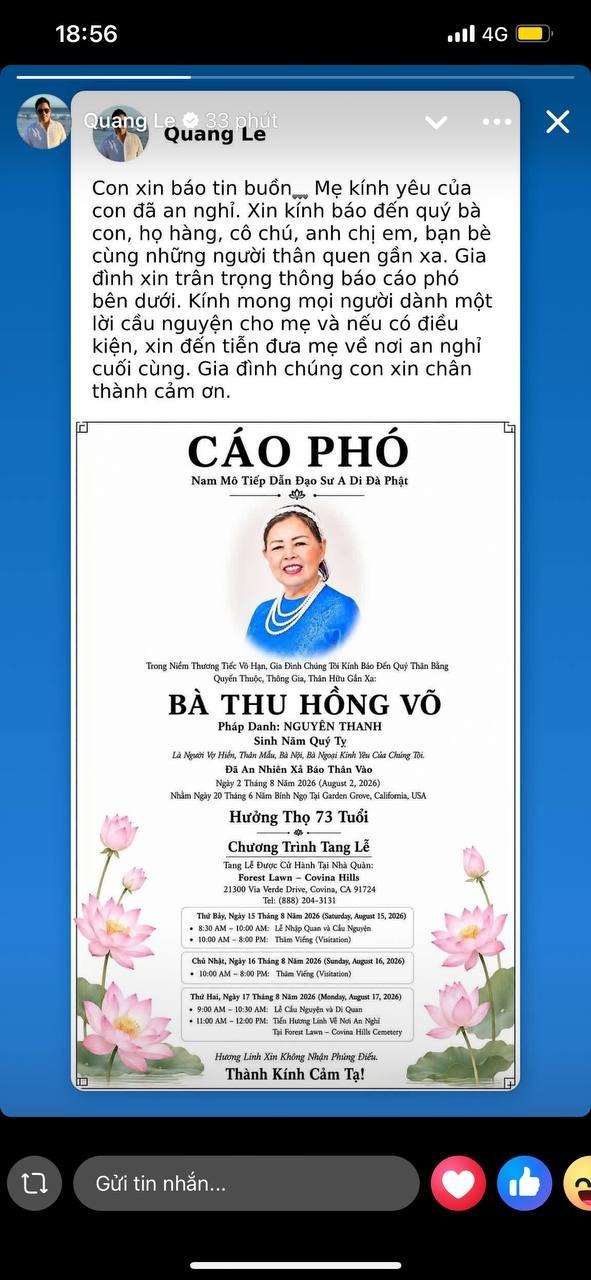 Theo cáo phó được Quang Lê đăng tải mới đây, bà qua đời tại Mỹ, hưởng thọ 73 tuổi. Ảnh: FBNV