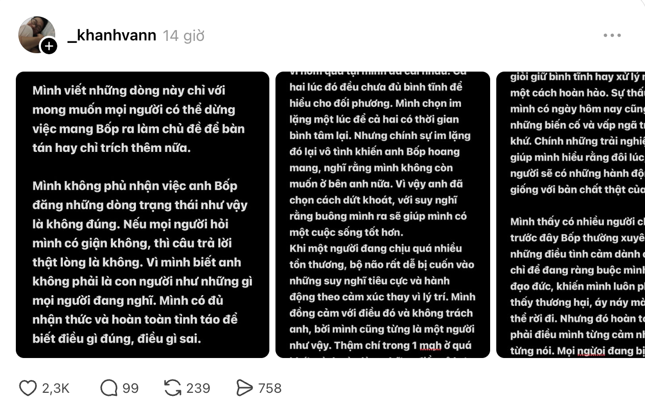Tối 4/8, Khánh Vân lên tiếng lần 2 trên Threads sau những bàn tán xoay quanh chuyện tình yêu với Bốp