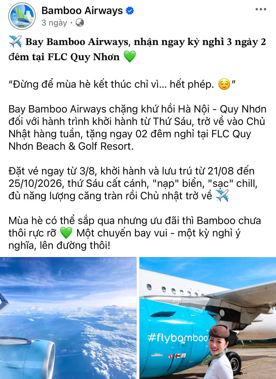 Thông tin Bamboo Airways đăng tải trên fanpage chính thức ngày 2/8