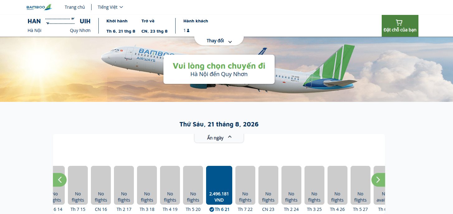 Trong tháng 8, website Bamboo Airways chỉ còn hiển thị đường bay Hà Nội - Quy Nhơn, 1 chuyến khứ hồi/tuần