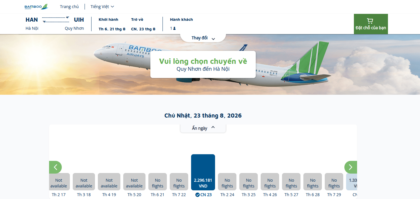 Đến ngày 6/8, đường bay thường lệ duy nhất vẫn còn được Bamboo Airways duy trì là Hà Nội - Quy Nhơn, với tần suất một chuyến khứ hồi vào thứ Sáu và Chủ Nhật hằng tuần