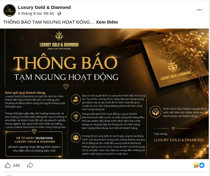 Thương hiệu thông báo sẽ dừng hoạt động cho tới khi có thông báo mới. Ả(Ảnh: Fanpage Luxury Gold & Diamond).