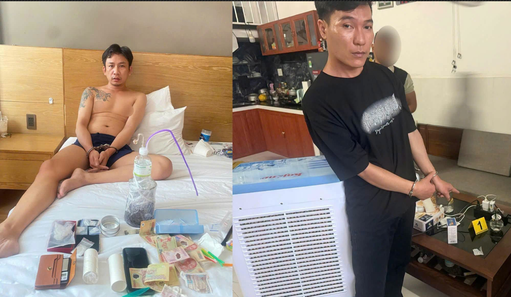 Các đối tượng bị bắt giữ cùng tang vật vụ án. Ảnh: Công an thành phố Đà Nẵng