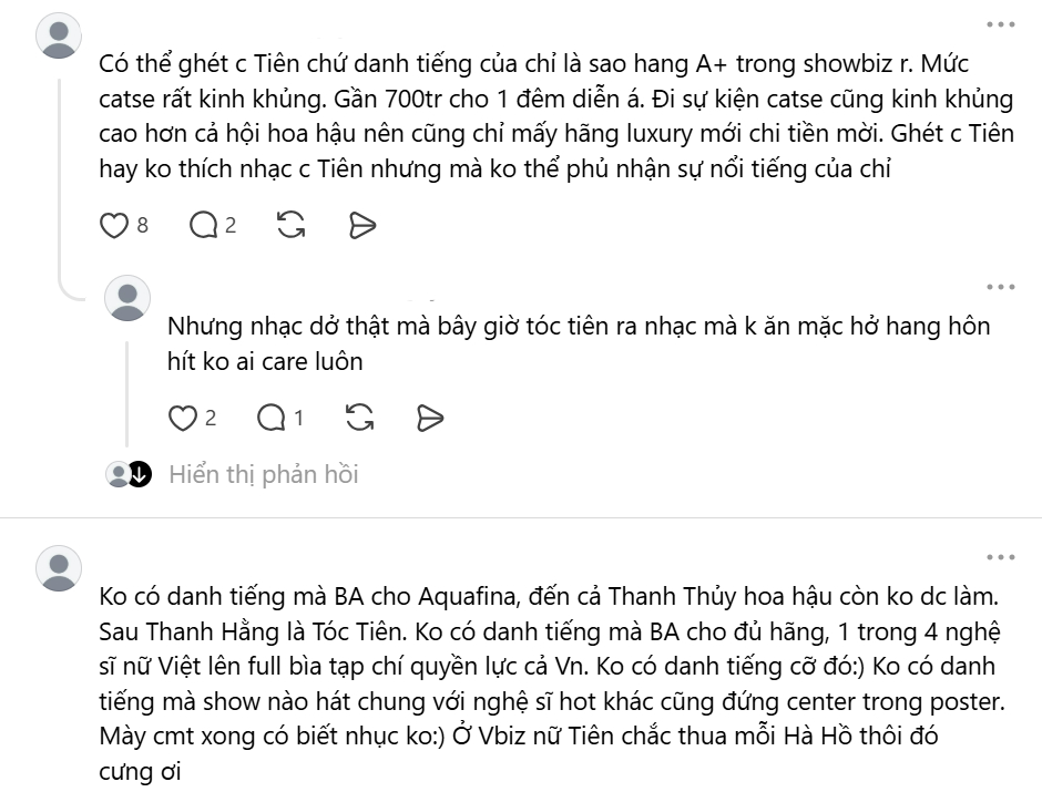 Thông tin về cát xê của Tóc Tiên được một tài khoản trên mạng xã hội tiết lộ