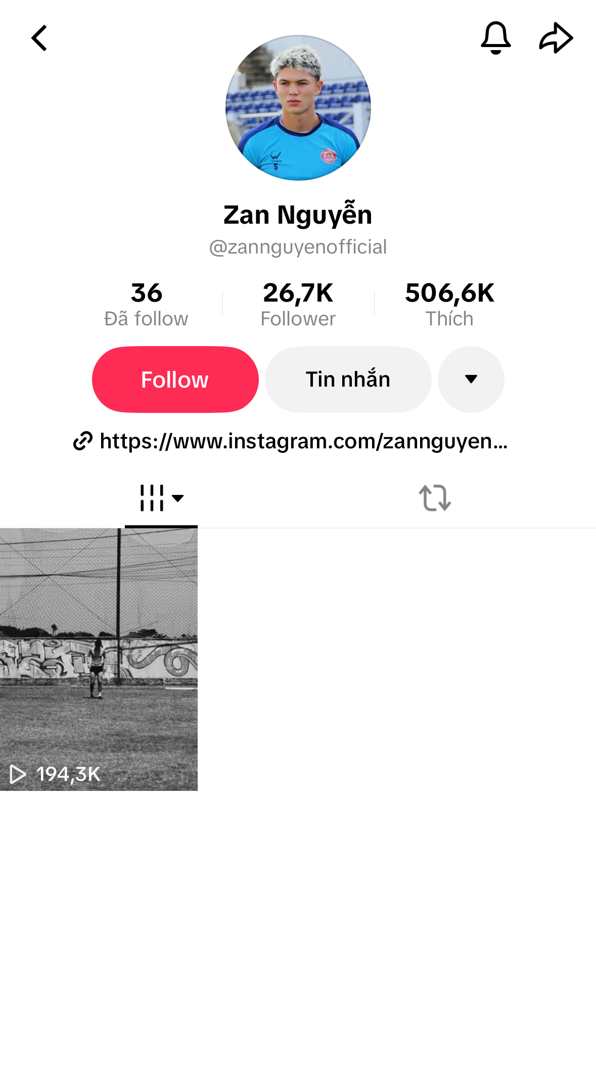 Tài khoản TikTok của Zan Nguyễn chỉ còn 1 clip mới đăng hồi giữa tháng 7 (Ảnh chụp màn hình)