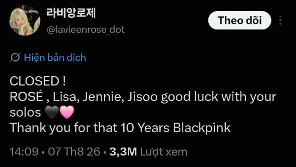 Một fansite được nhiều người theo dõi của Rosé thông báo đóng cửa từ ngày 7/8